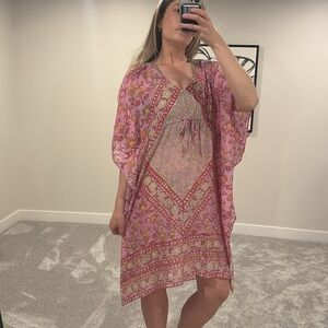 Antik Batik Nootka Kaftan Pink Floral Size Large Cotton Maxi Sundress Like New